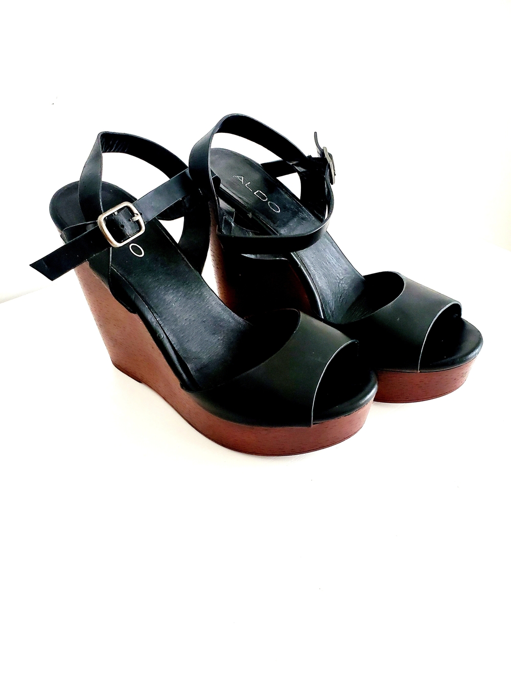 Aldo Black Leather Platform Wood-Look Wedge Sandals Size 38